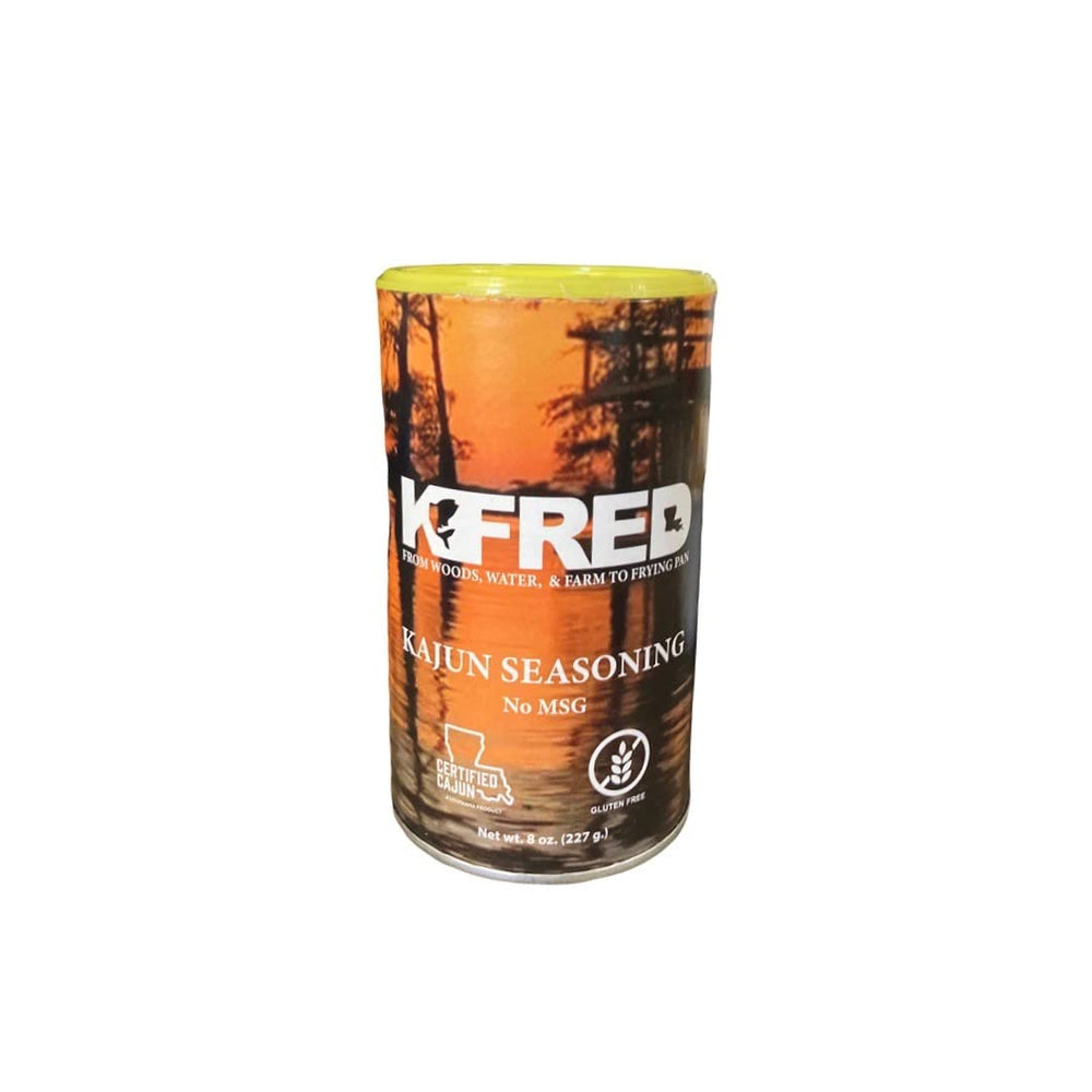 KFRED Kajun seasoning bottle shows bold Cajun flavor for seafood and meats.
