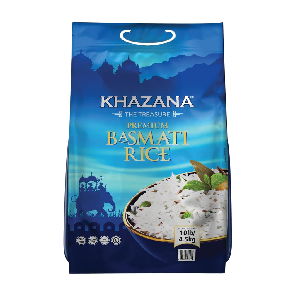 Khazana authentic basmati rice bag showing premium fluffy long grains for light meals.