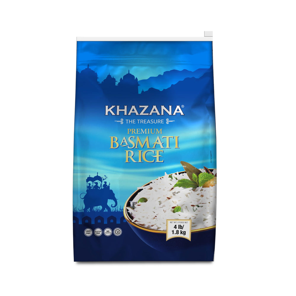 Khazana Basmati Rice bag front view with resealable closure for freshness