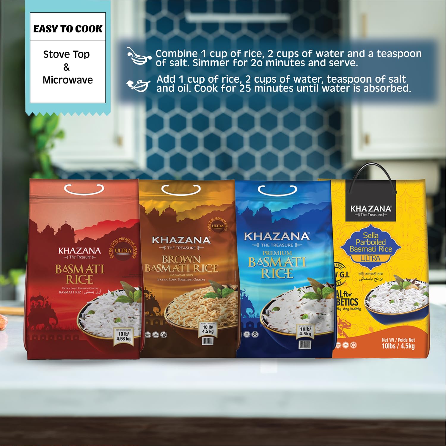 Khazana basmati rice with simmer sauce pairing, ready to elevate meals.