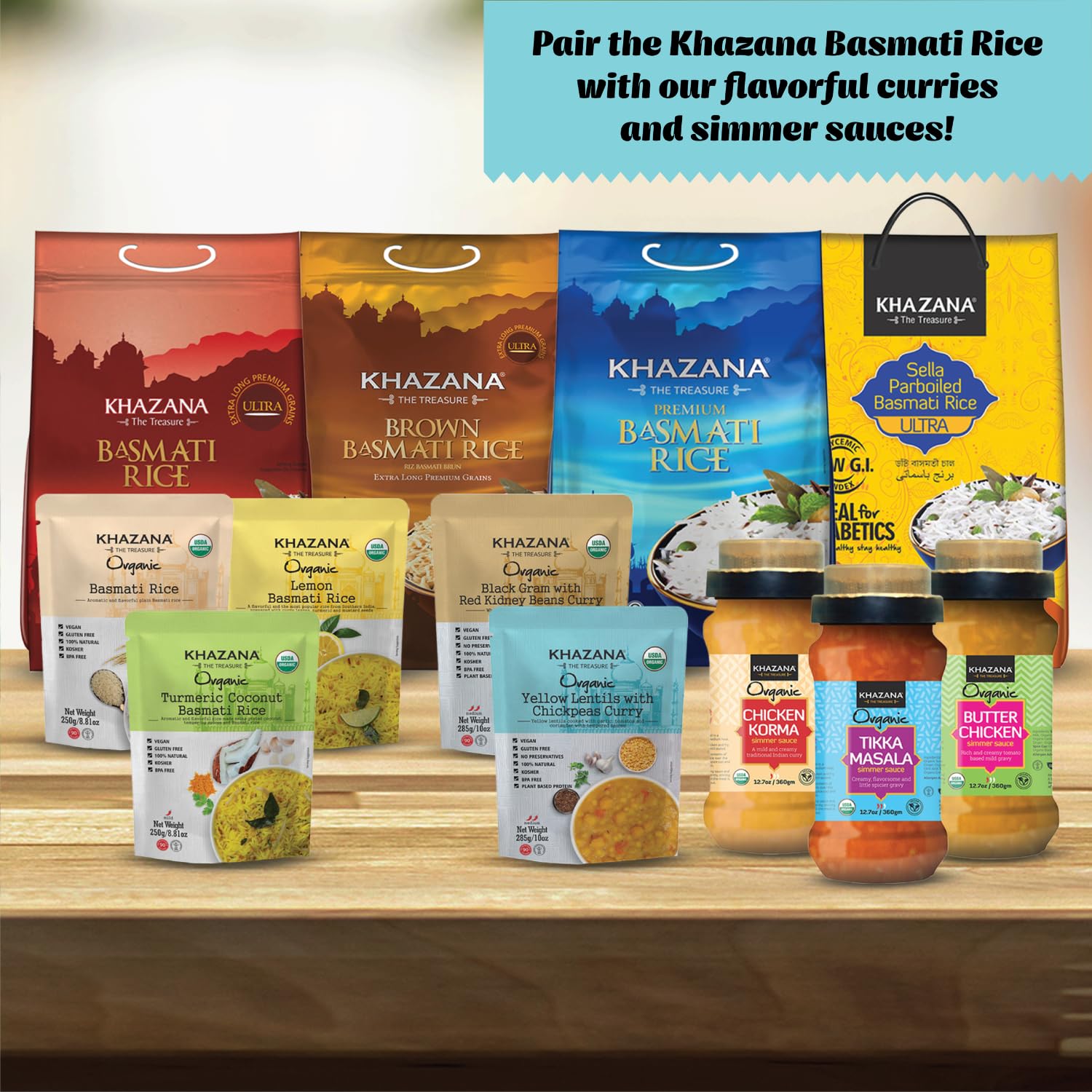 Khazana kitchen scene featuring basmati rice, spices, and ready-to-heat options.
