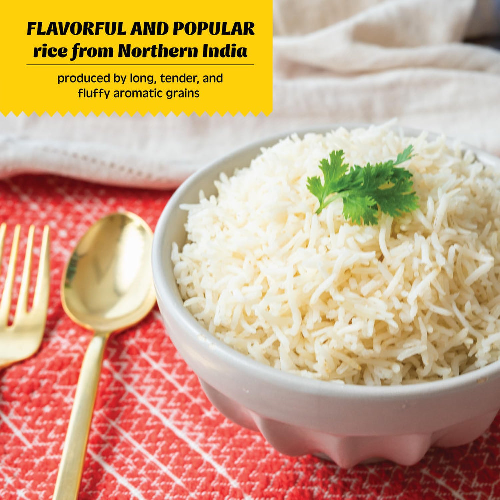 Khazana rice pouring into a measuring cup for perfect portions.