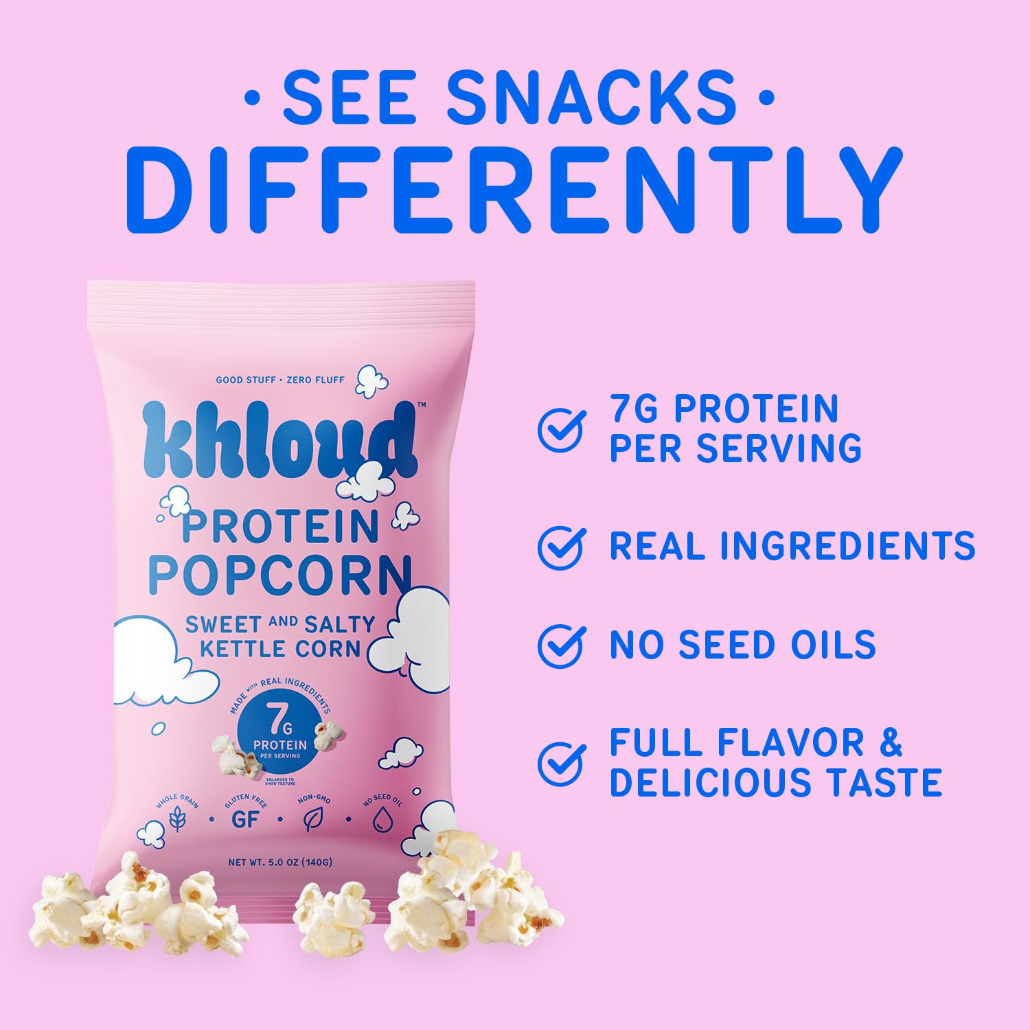 Khloud Protein Popcorn 5oz pack ready for family snacking