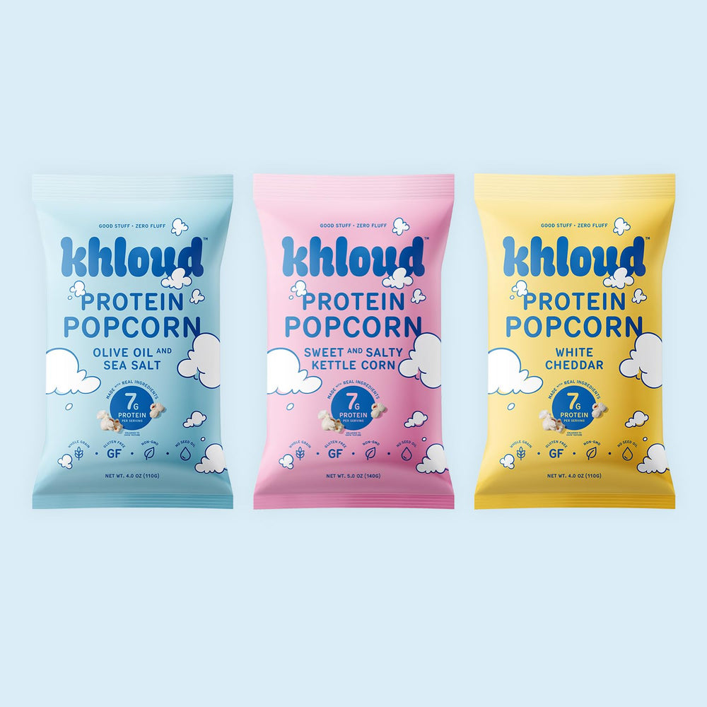 Khloud Protein Popcorn brand logo display reinforces premium snacking
