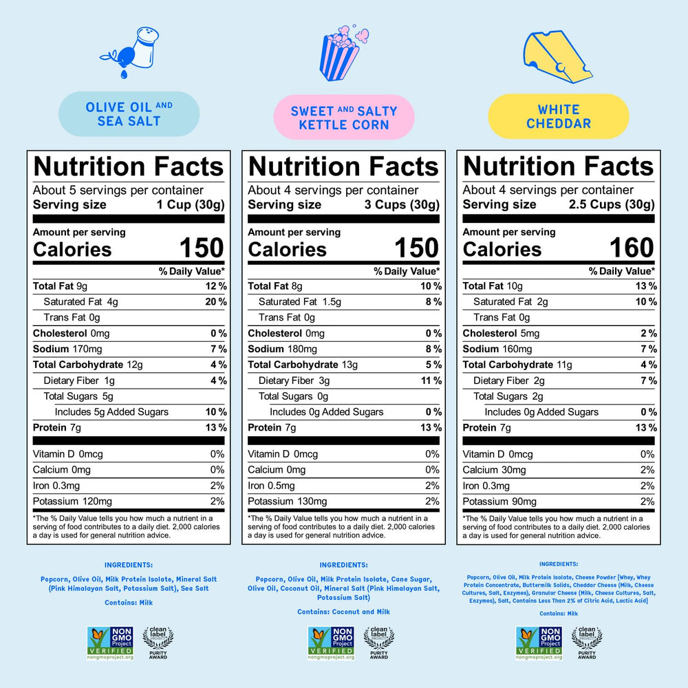 Khloud Protein Popcorn Olive Oil and Sea Salt bag emphasizes wholesome flavor