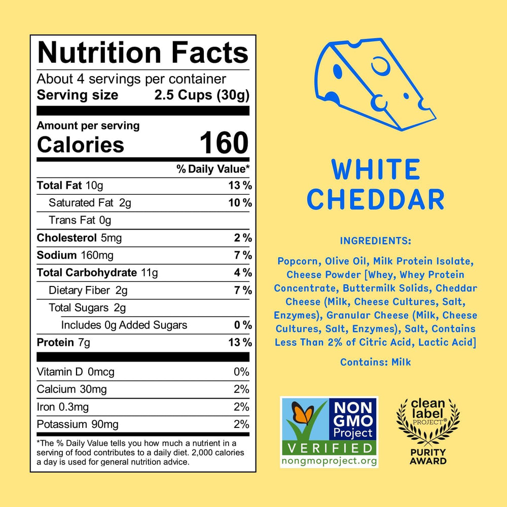 Khloud Protein Popcorn closeup with white cheddar flavor and crisp texture
