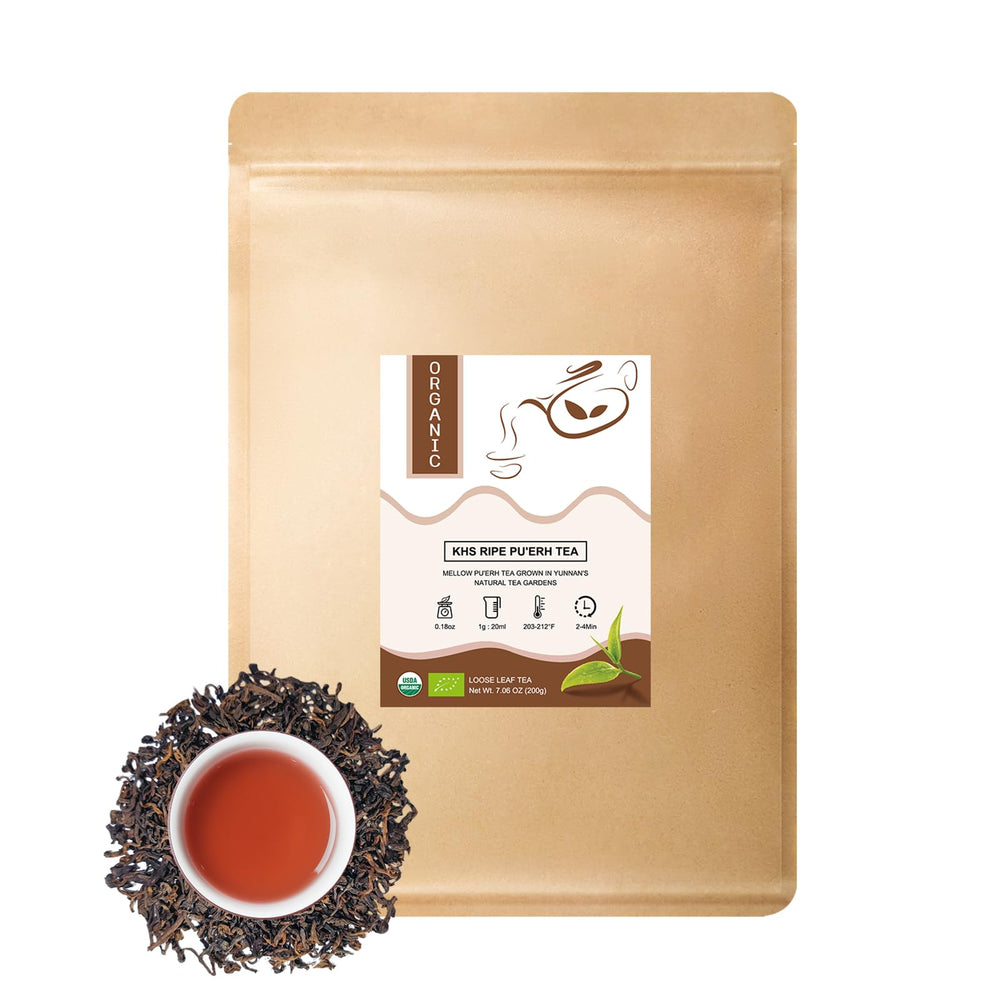 KHS Organic Pu Erh Tea loose leaves for a smooth, rich brew.