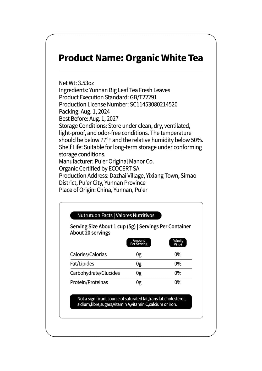 Airtight storage keeps KHS Organic White Tea fresh and fragrant.