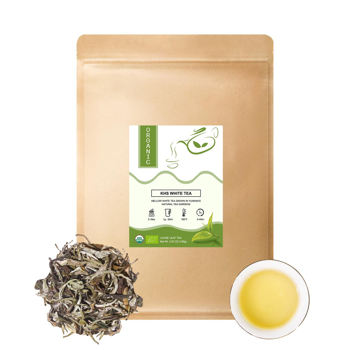 KHS Premium Organic White Tea loose-leaf packaging highlights premium leaves for fresh aroma.