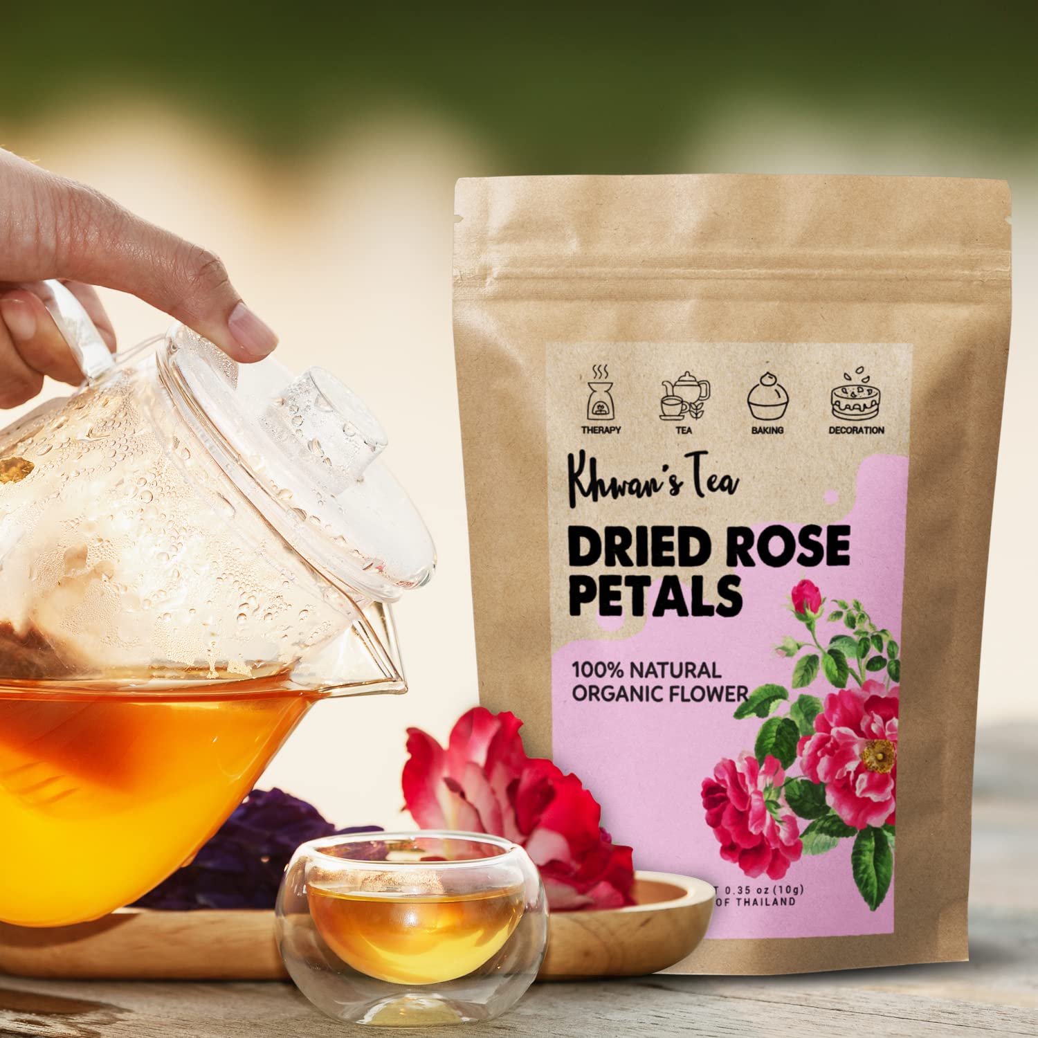 Dried rose petals from KHWAN'S TEA ready to flavor desserts and baking