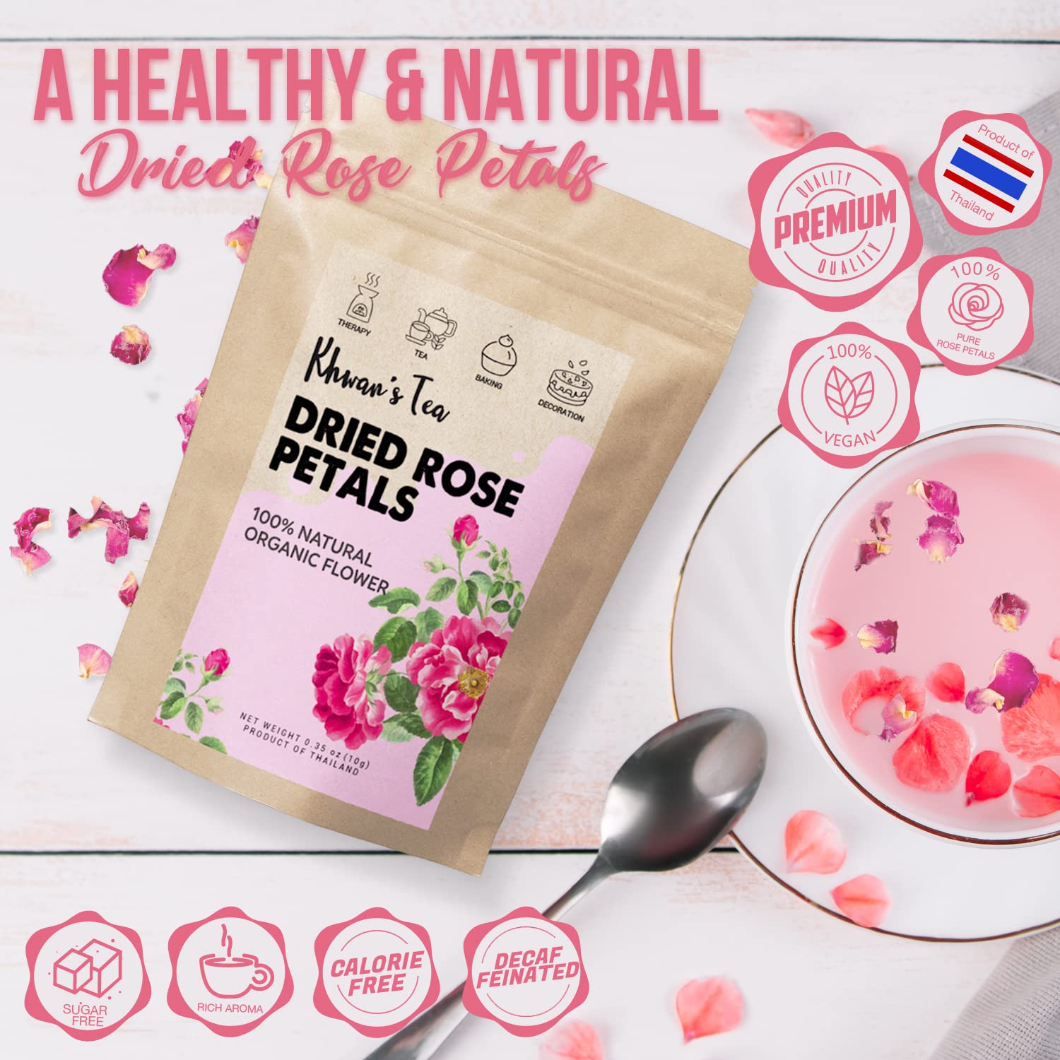 KHWAN'S TEA rose petals used for tea brewing and adding floral color