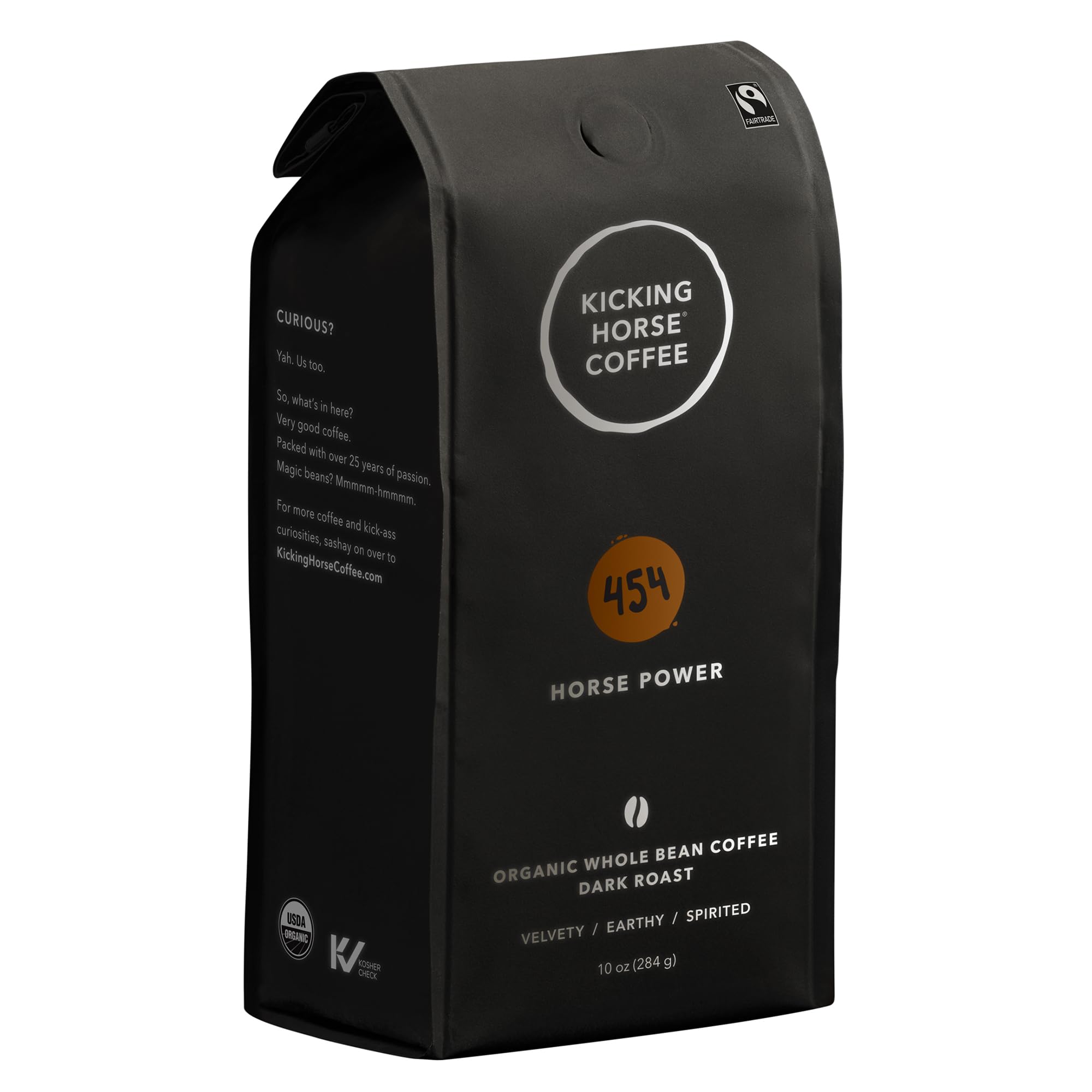 Kicking Horse 454 Horse Power beans highlight bold flavor ideal for a morning brew.