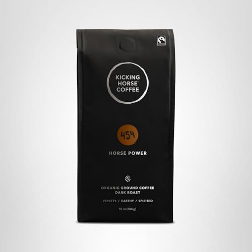Kicking Horse 454 Horse Power ground coffee brewed cup emphasizes bold flavor for various brews.