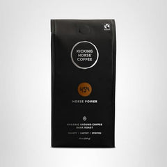 Kicking Horse 454 Horse Power ground coffee brewed cup emphasizes bold flavor for various brews.