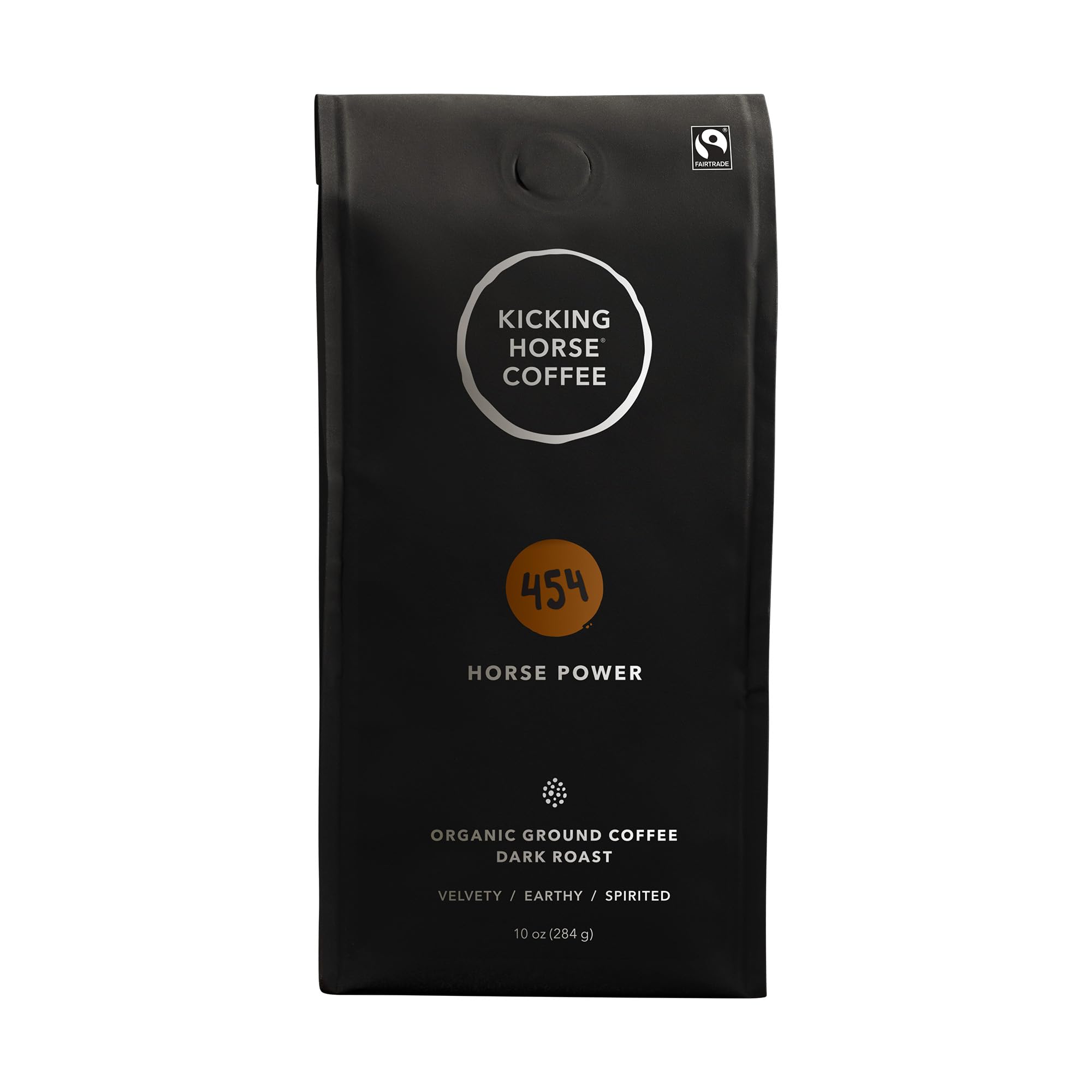 Kicking Horse 454 Horse Power ground coffee packshot highlights bold roast and velvety body.