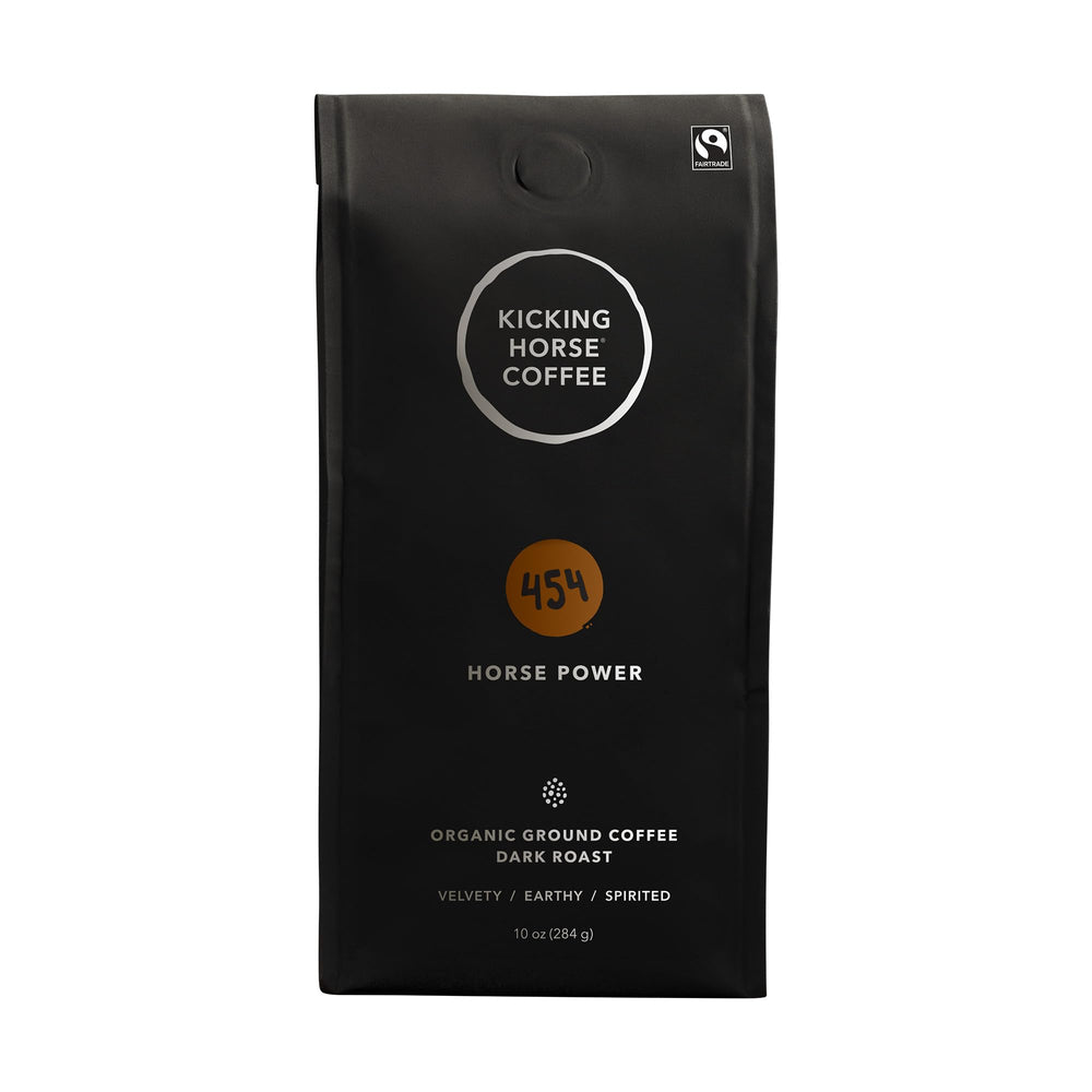 Kicking Horse 454 Horse Power ground coffee packshot highlights bold roast and velvety body.