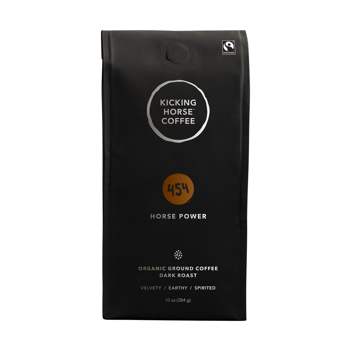 Kicking Horse 454 Horse Power ground coffee packshot highlights bold roast and velvety body.