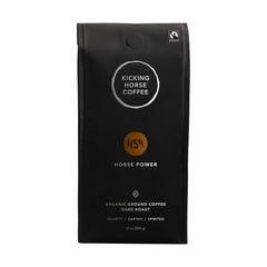 Kicking Horse 454 Horse Power ground coffee packshot highlights bold roast and velvety body.