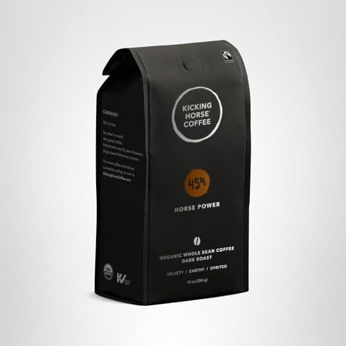 Kicking Horse 454 Horse Power mountain roast hints at Rocky Mountain craftsmanship and sustainable sourcing.