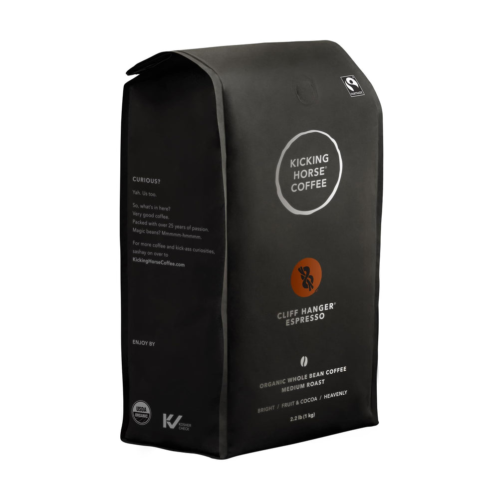 Kicking Horse Cliff Hanger espresso packshot highlighting organic, fair-trade beans for daily brewing.