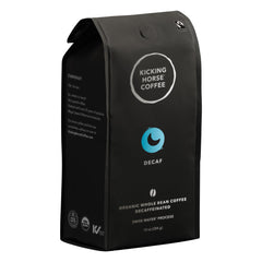 Kicking Horse decaf coffee using Swiss Water process for a smooth, chocolatey finish.