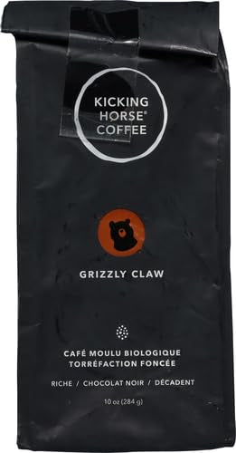 Kicking Horse Grizzly Claw ground coffee bag open reveals rich aroma for daily brew.