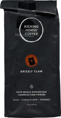 Kicking Horse Grizzly Claw ground coffee bag open reveals rich aroma for daily brew.