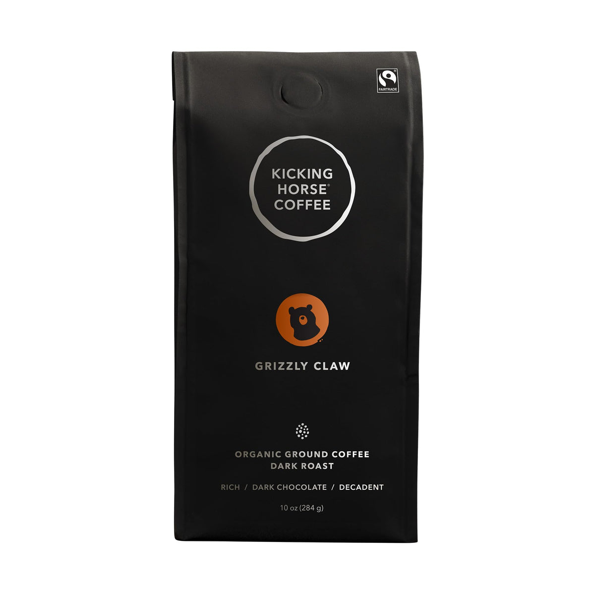 Kicking Horse Grizzly Claw ground coffee label shows organic and Fair Trade quality.