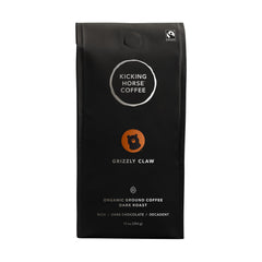 Kicking Horse Grizzly Claw ground coffee label shows organic and Fair Trade quality.