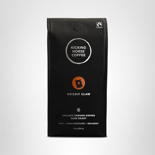 Kicking Horse Grizzly Claw ground coffee packaging emphasizes sustainable sourcing and Kosher quality.