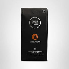 Kicking Horse Grizzly Claw ground coffee packaging emphasizes sustainable sourcing and Kosher quality.