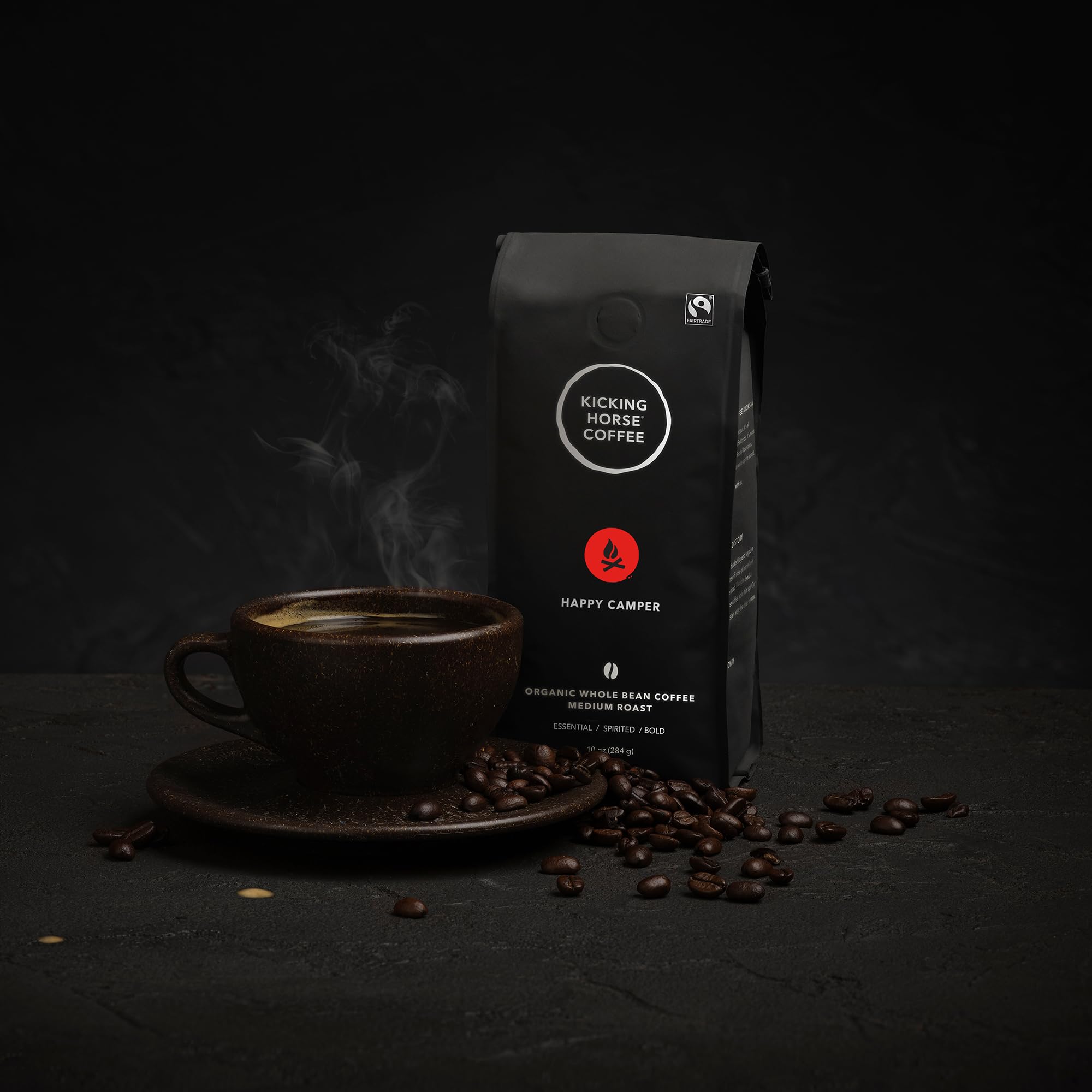 Kicking Horse Happy Camper caramel nut chocolate taste suggesting versatile brewing