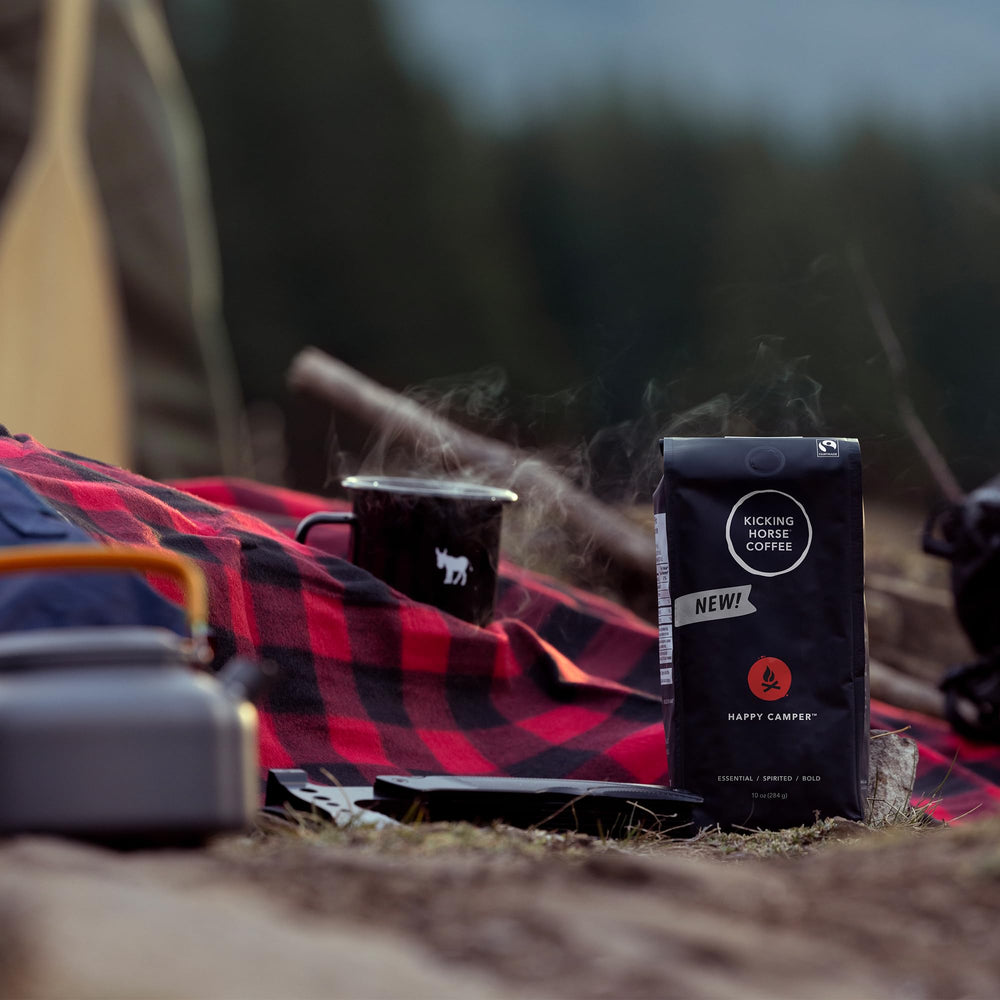 Kicking Horse Happy Camper eco-friendly packaging highlighting freshness and waste reduction