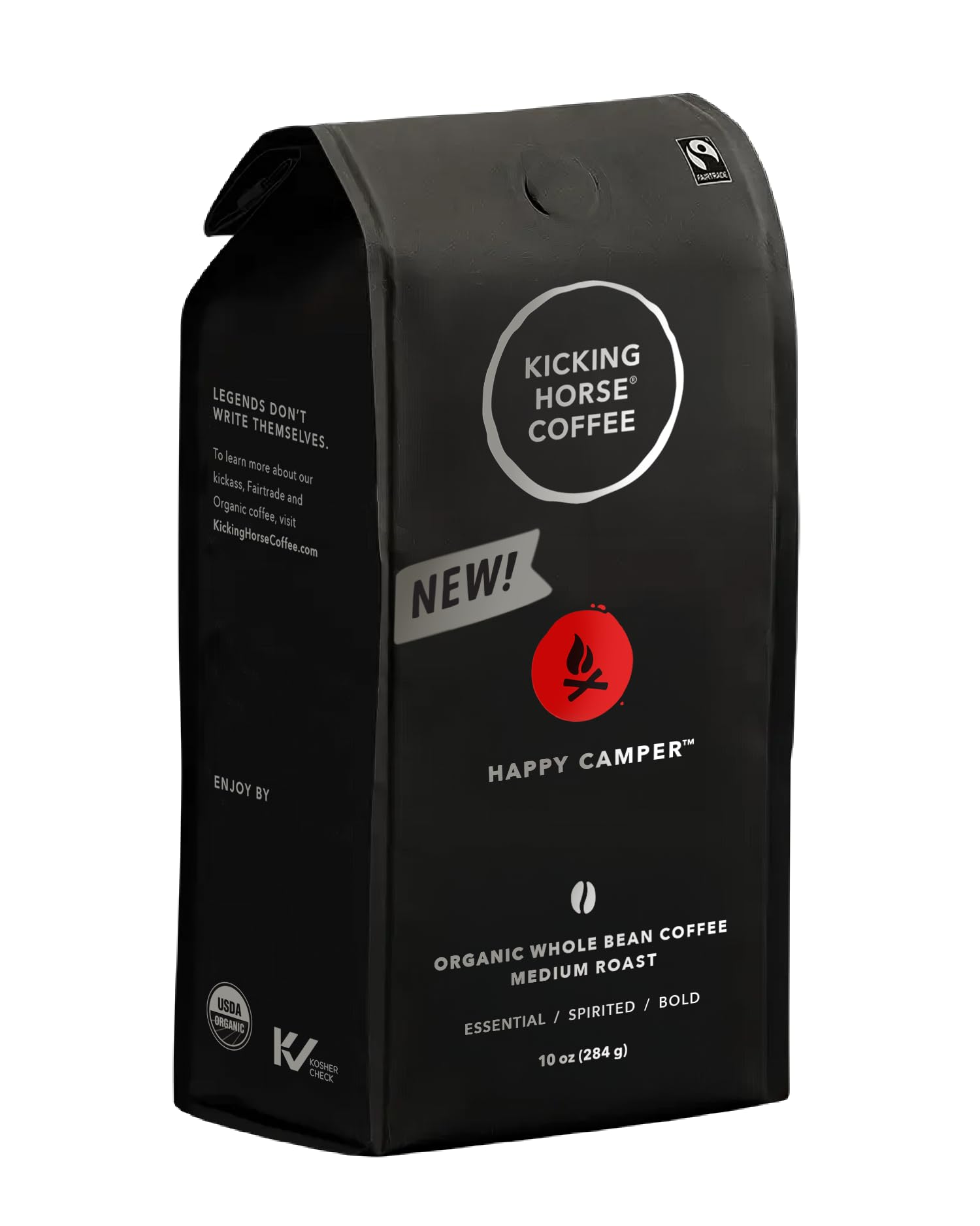 Kicking Horse Happy Camper whole bean bag showing premium organic coffee for camping and home brewing