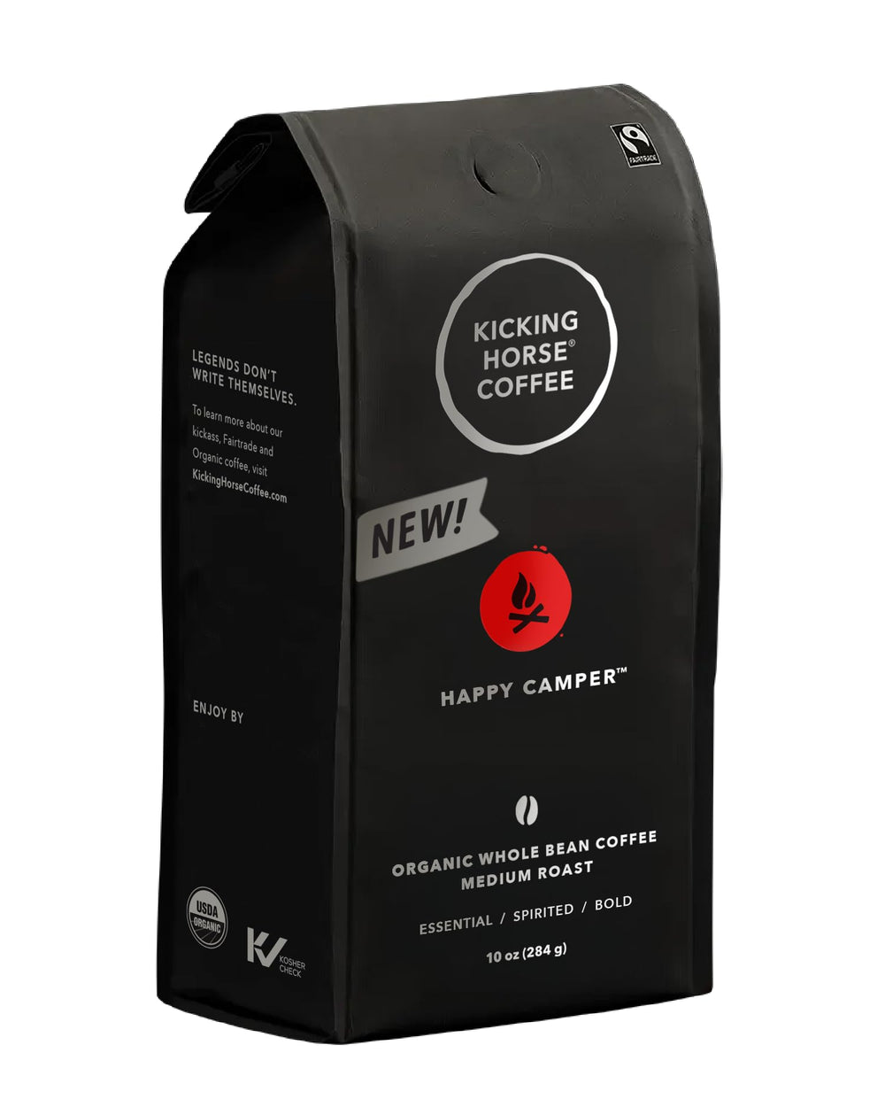 Kicking Horse Happy Camper whole bean bag showing premium organic coffee for camping and home brewing