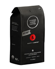 Kicking Horse Happy Camper whole bean bag showing premium organic coffee for camping and home brewing