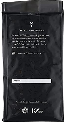Kicking Horse label shows Organic, Fairtrade, Kosher certifications.