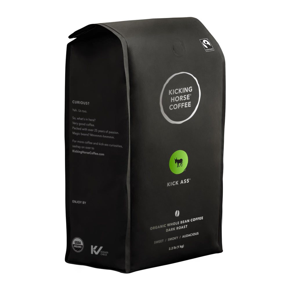 Kicking Horse Kick Ass coffee bag shows organic and fair-trade credentials for bold mornings.