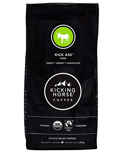 Kicking Horse Kick Ass Dark Roast coffee beans close-up, rich aroma.