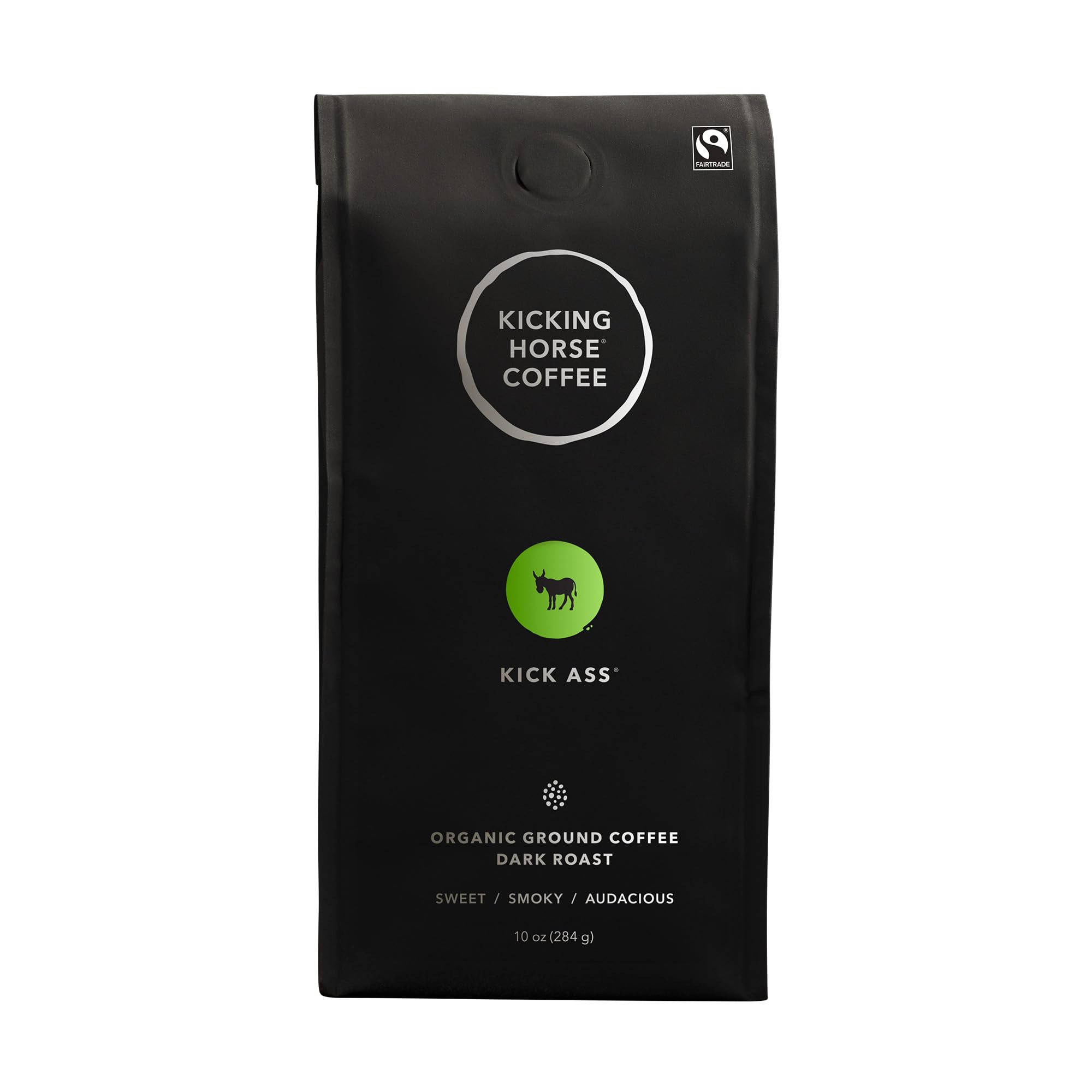 Kicking Horse Kick Ass dark roast packaging highlighting organic and fairtrade quality.