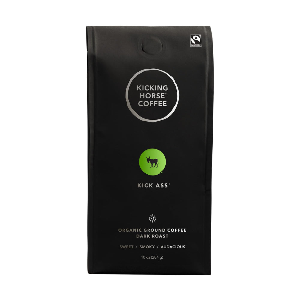 Kicking Horse Kick Ass dark roast packaging highlighting organic and fairtrade quality.