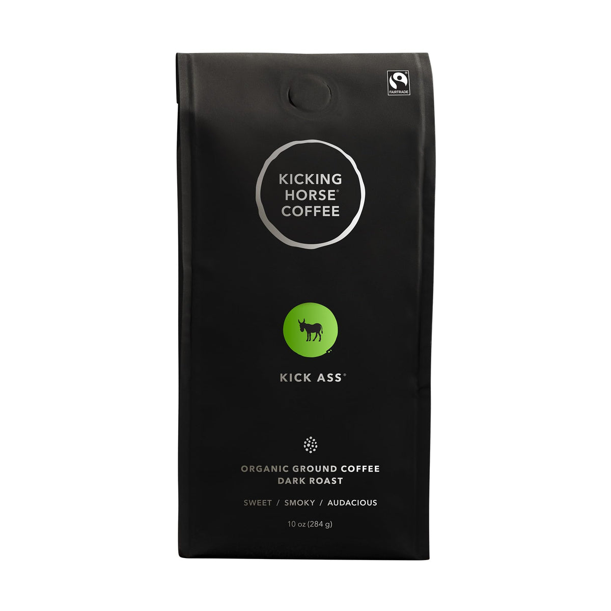 Kicking Horse Kick Ass dark roast packaging highlighting organic and fairtrade quality.
