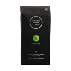 Kicking Horse Kick Ass dark roast packaging highlighting organic and fairtrade quality.