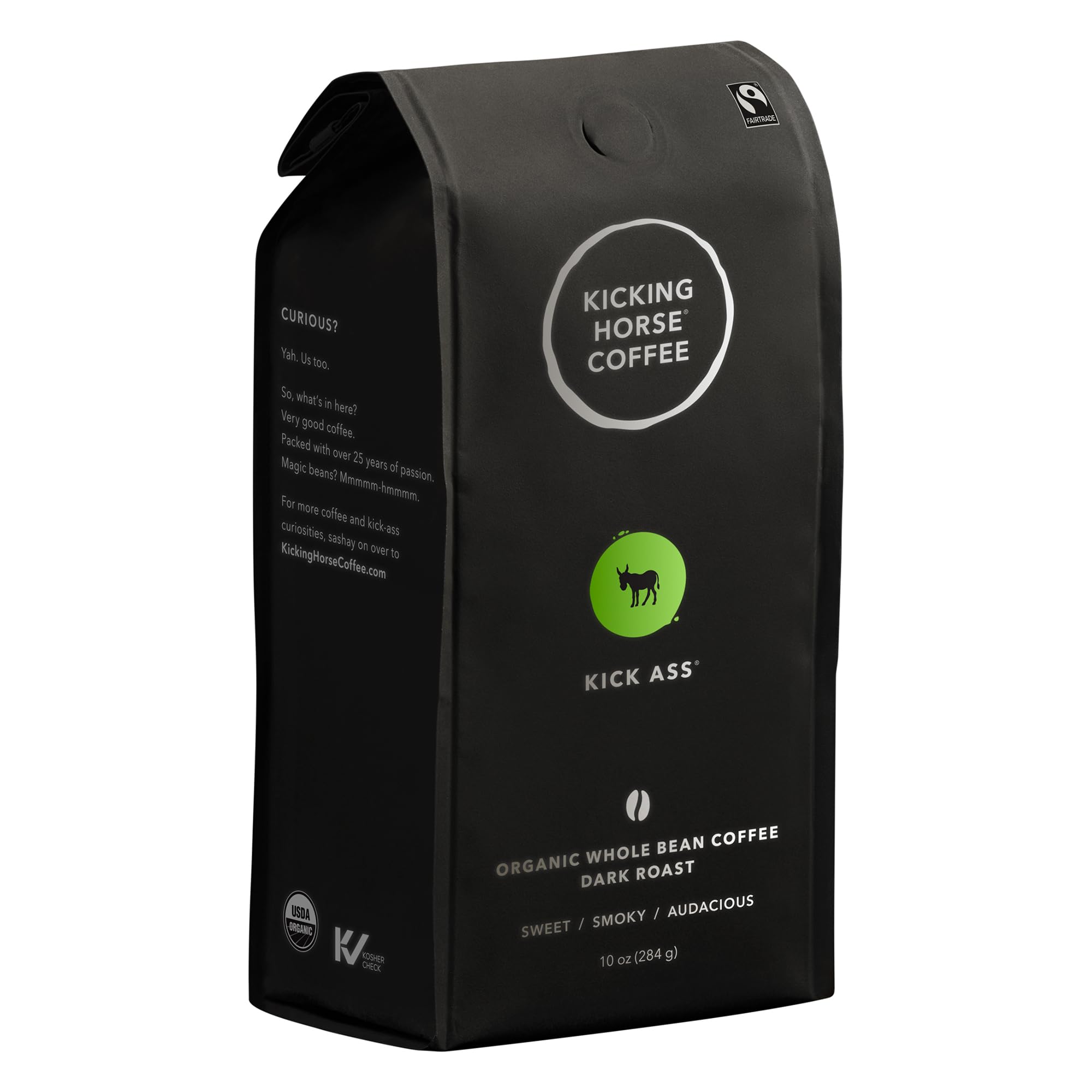 Kicking Horse Kick Ass dark roast whole bean bag front, ideal for a bold morning wake-up.