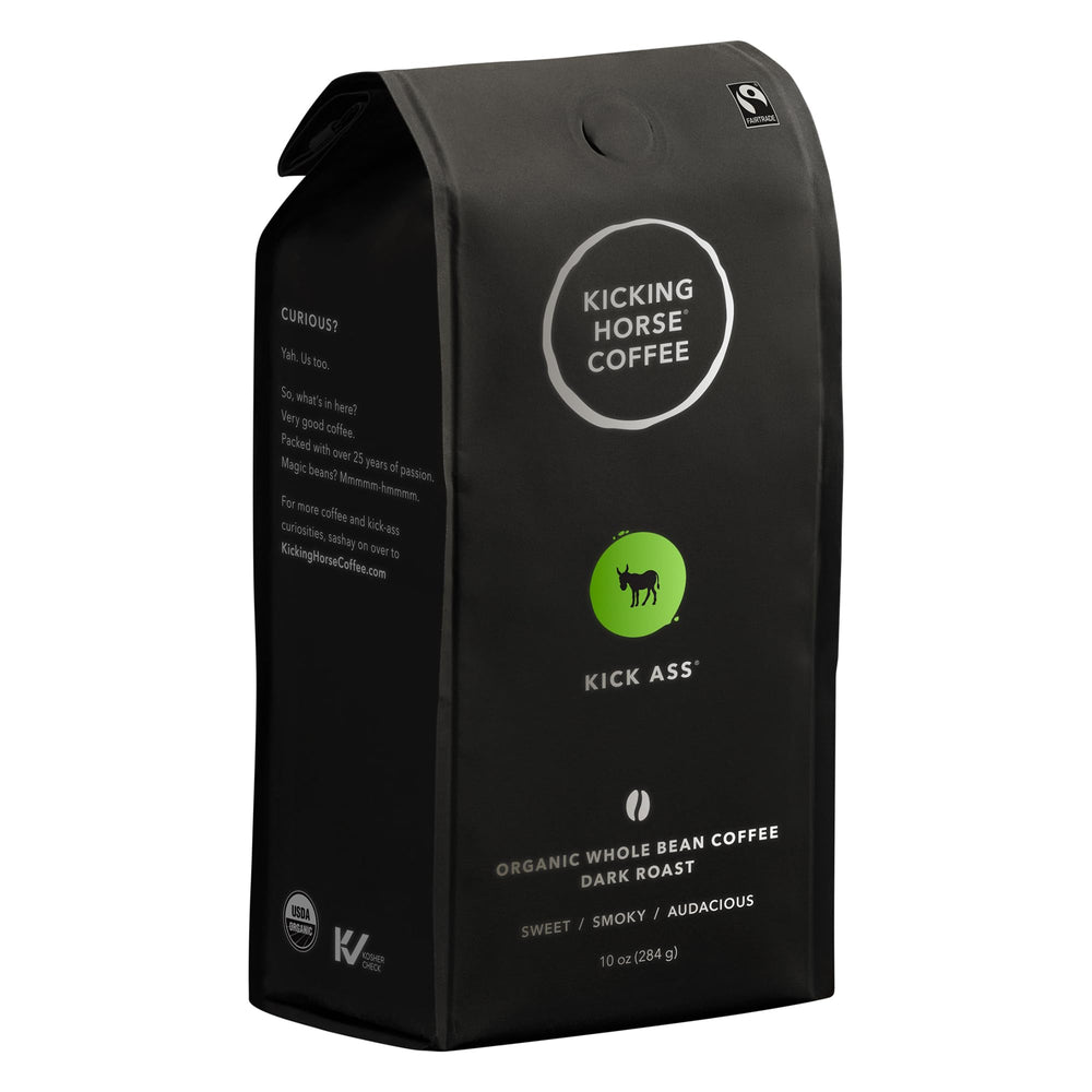 Kicking Horse Kick Ass dark roast whole bean bag front, ideal for a bold morning wake-up.