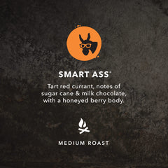 Kicking Horse Smart Ass bag label showing organic, fair trade sourcing.