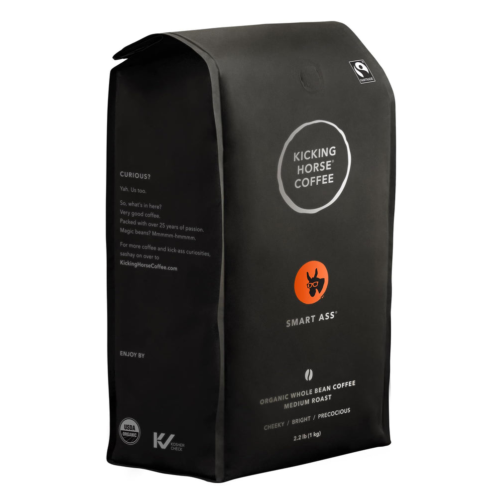 Kicking Horse Smart Ass coffee beans close-up highlighting rich aroma.