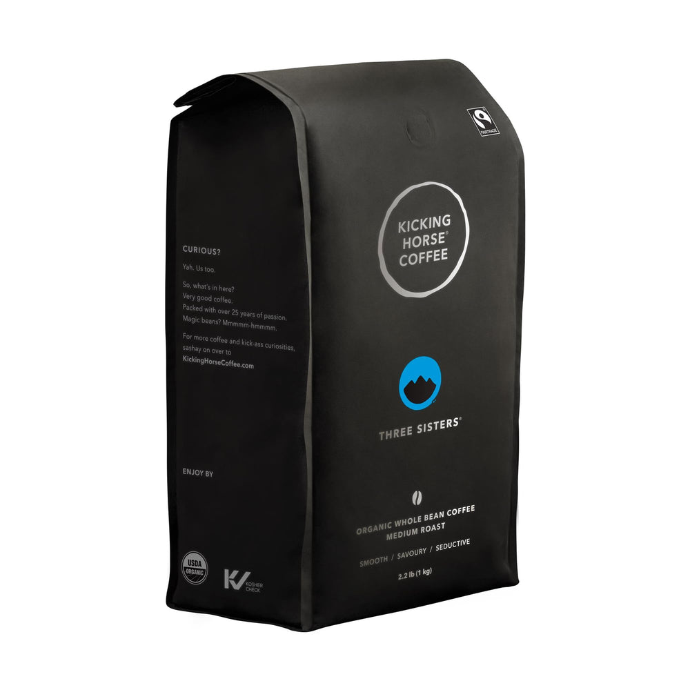 Kicking Horse Three Sisters whole bean package showing organic, fair-trade coffee ready to grind