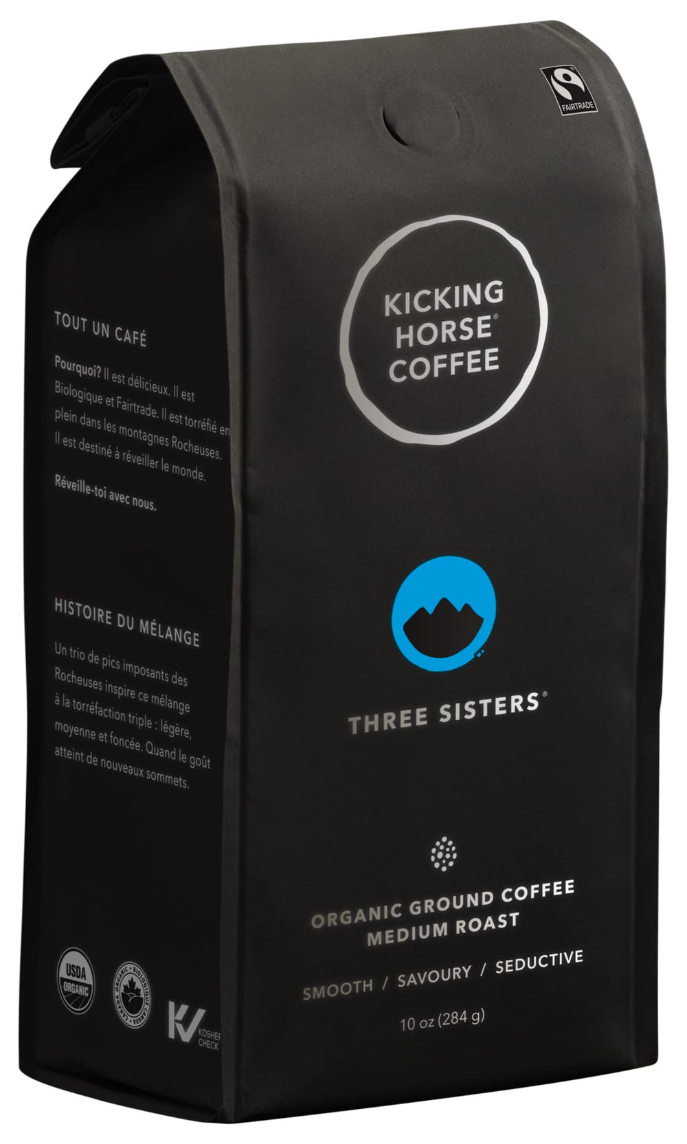 Kicking Horse Three Sisters ground coffee in a 6-pack for everyday brewing.