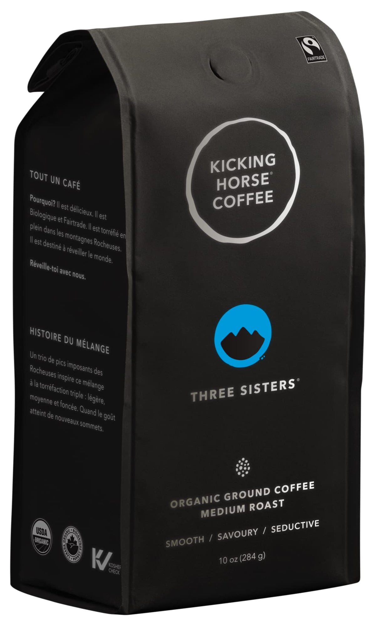 Kicking Horse Three Sisters ground coffee in a 6-pack for everyday brewing.
